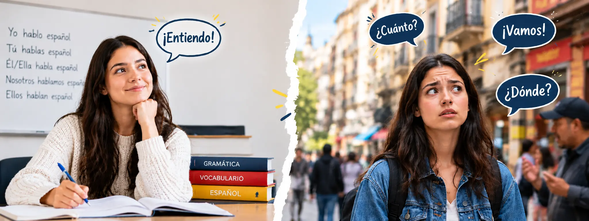 A learner understands Spanish in class, then feels lost in everyday street conversation.