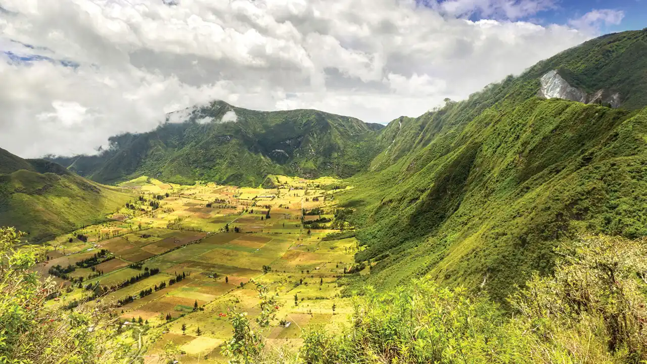 Green volcanic valley with cultivated land